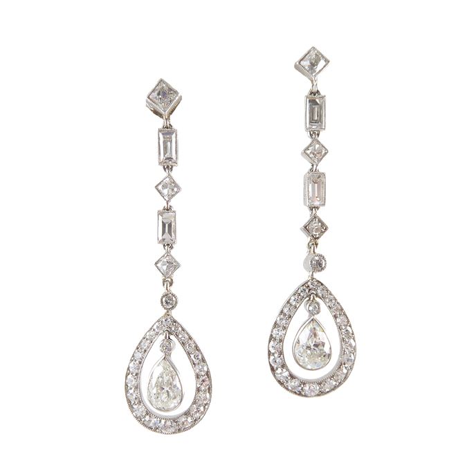   Cartier - Pair of Art Deco diamond drop cluster line pendant earrings, each hung with an old pear shaped diamond of brilliant cut | MasterArt